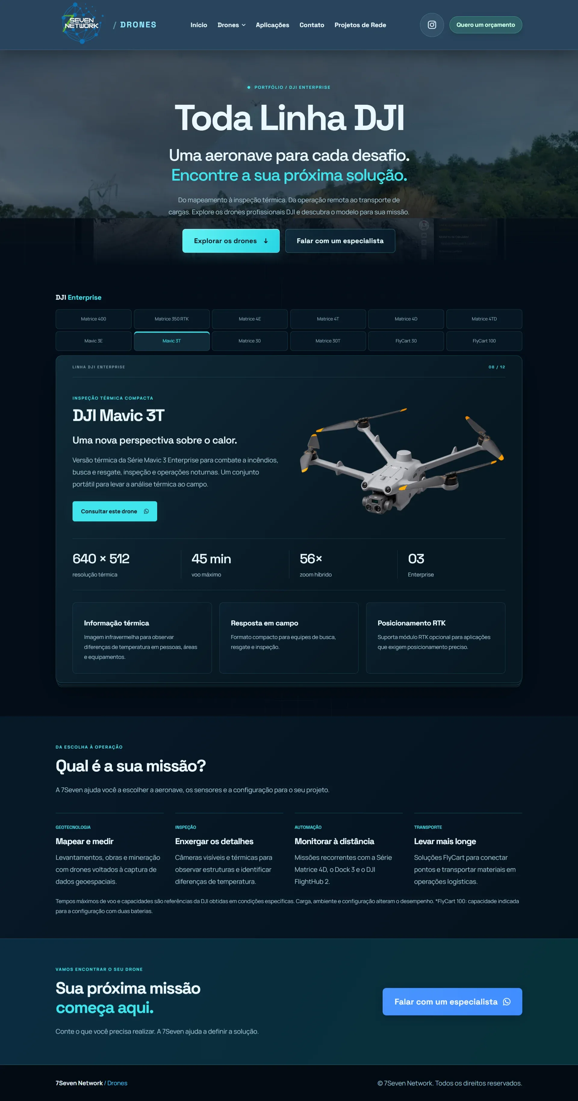 Página completa de apresentação da linha de drones